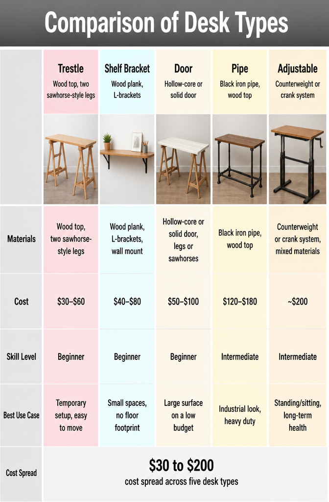 DIY Computer Desk: Build Plans and Alternative Ideas for 2026 15 A chart comparing various desk designs and their materials.