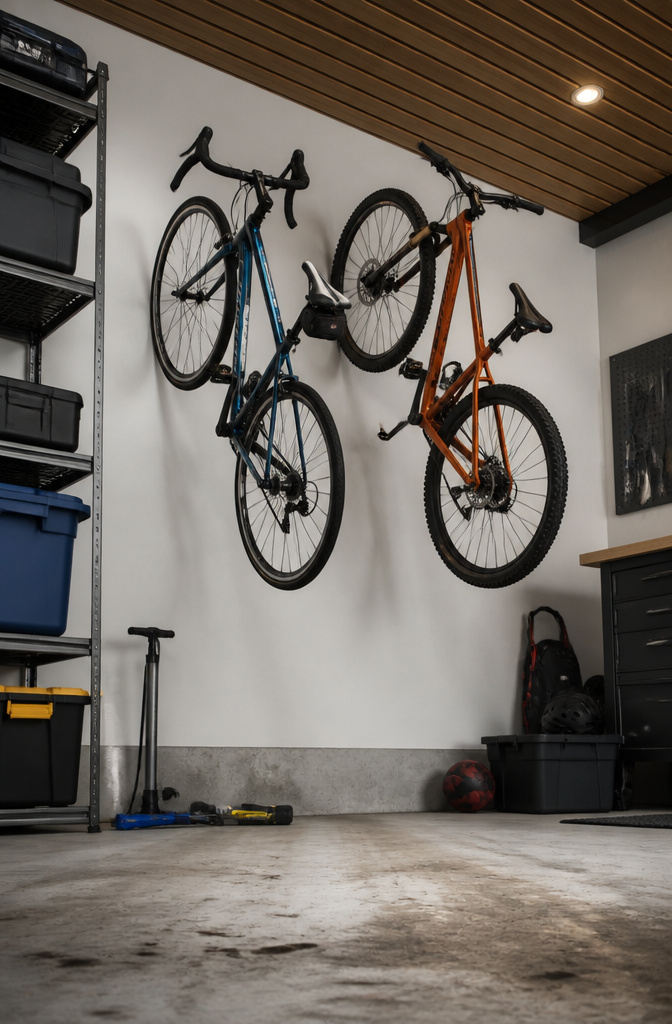 Bikes stored vertically on wall hooks in a garage.