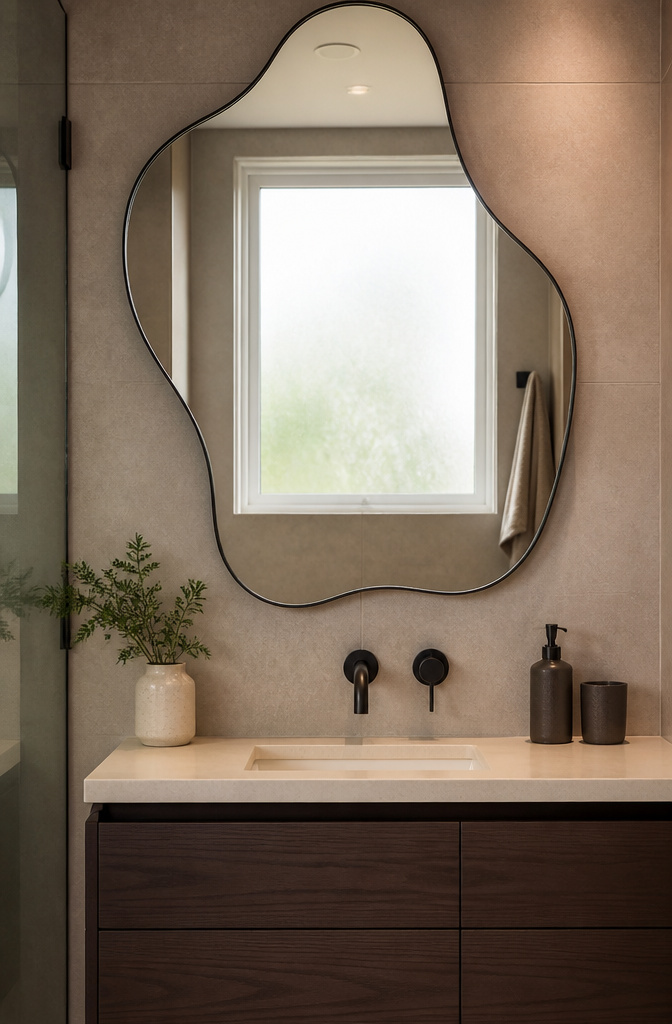 15 Bathroom Mirror Ideas for 2026 – Types, Styles & Trends 15 Wavy asymmetrical mirror mounted on a bathroom wall.