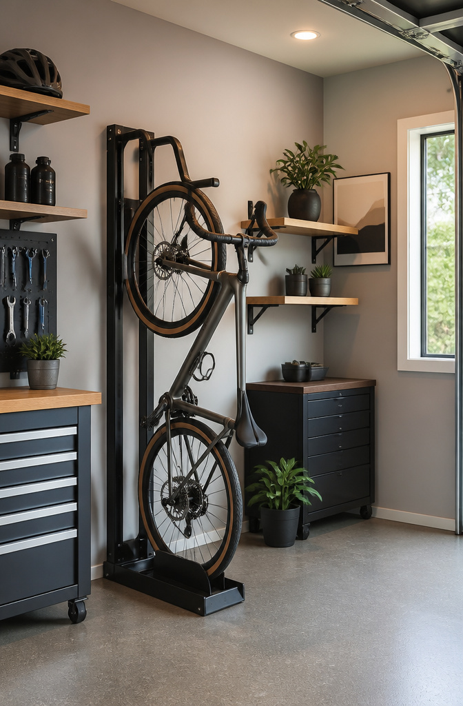 A modular bike storage system mounted on a wall.