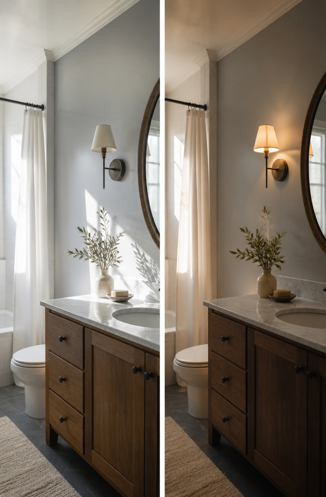 A bathroom showcasing how light affects paint color.