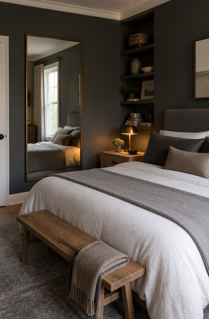Cozy bedroom with rich charcoal walls and warm lighting.