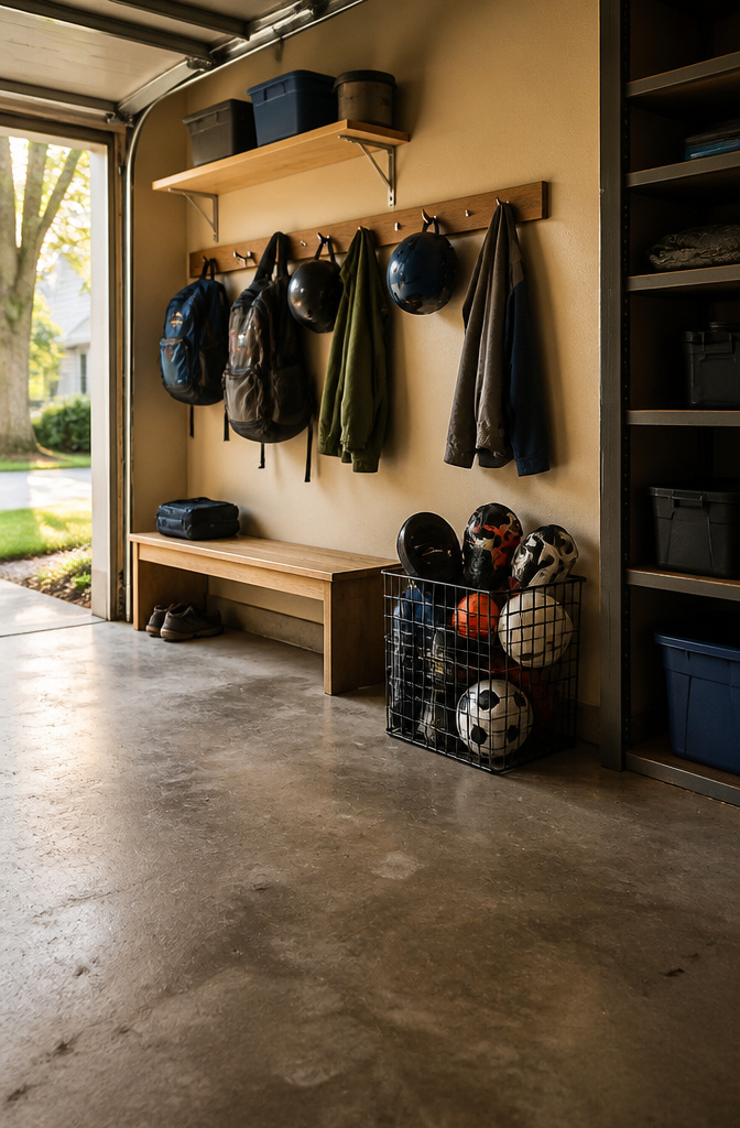 Open basket for storing sports gear in a garage.