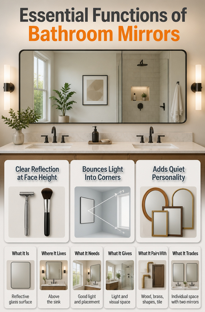 15 Bathroom Mirror Ideas for 2026 – Types, Styles & Trends 16 Illustration showing the essential functions of bathroom mirrors.
