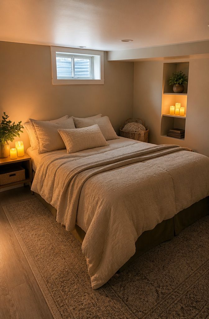20 Basement Bedroom Ideas for 2026: Cozy, Warm, Practical 16 Basement bedroom with battery-operated candles on the bedside table.
