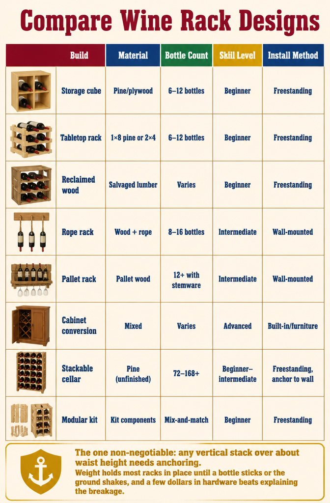 Table comparing various wine rack designs.