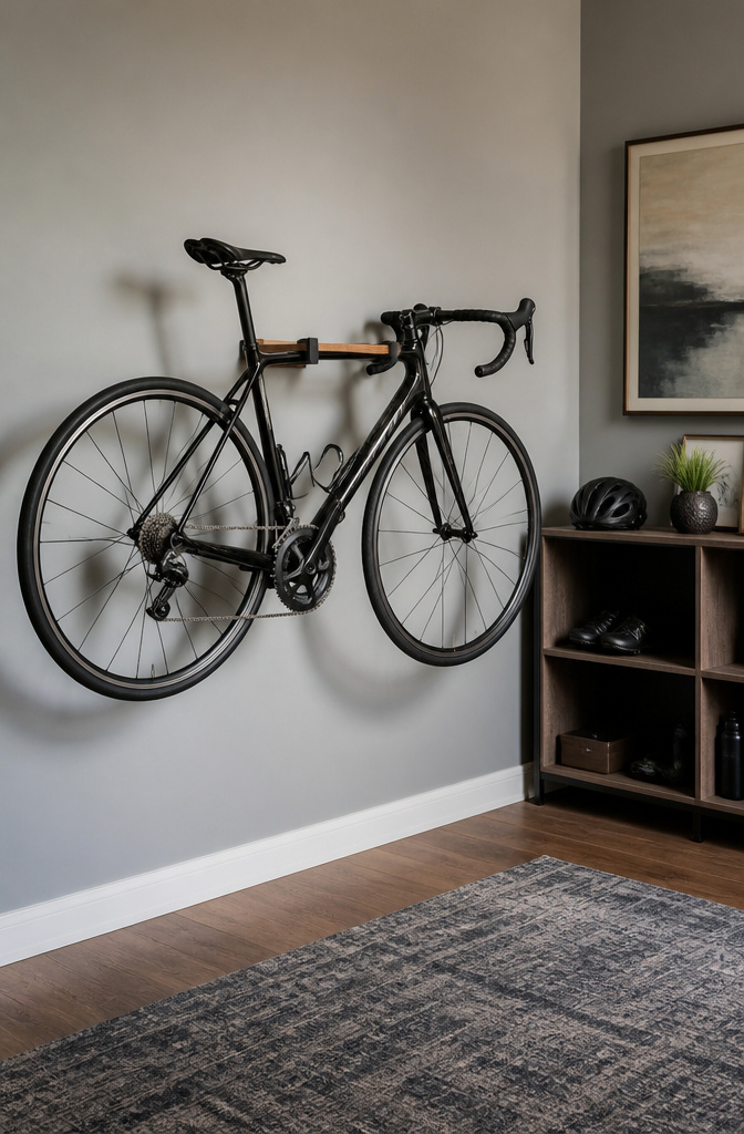 A top-tube wall rack cradling a racing bike against a smooth wall.