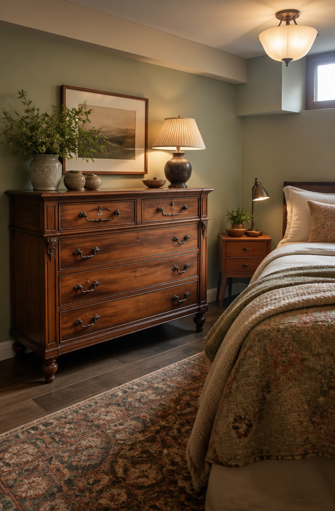 20 Basement Bedroom Ideas for 2026: Cozy, Warm, Practical 17 Basement bedroom with vintage wooden furniture and decor.