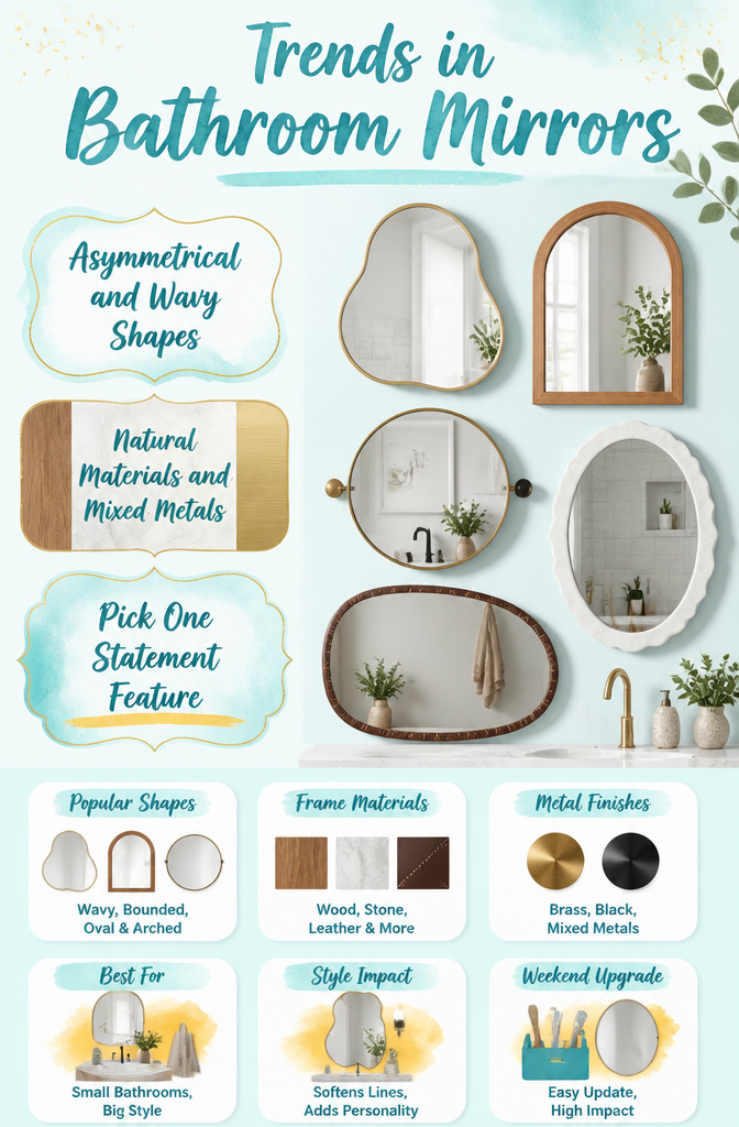 15 Bathroom Mirror Ideas for 2026 – Types, Styles & Trends 17 Graphic displaying current trends in bathroom mirror design.
