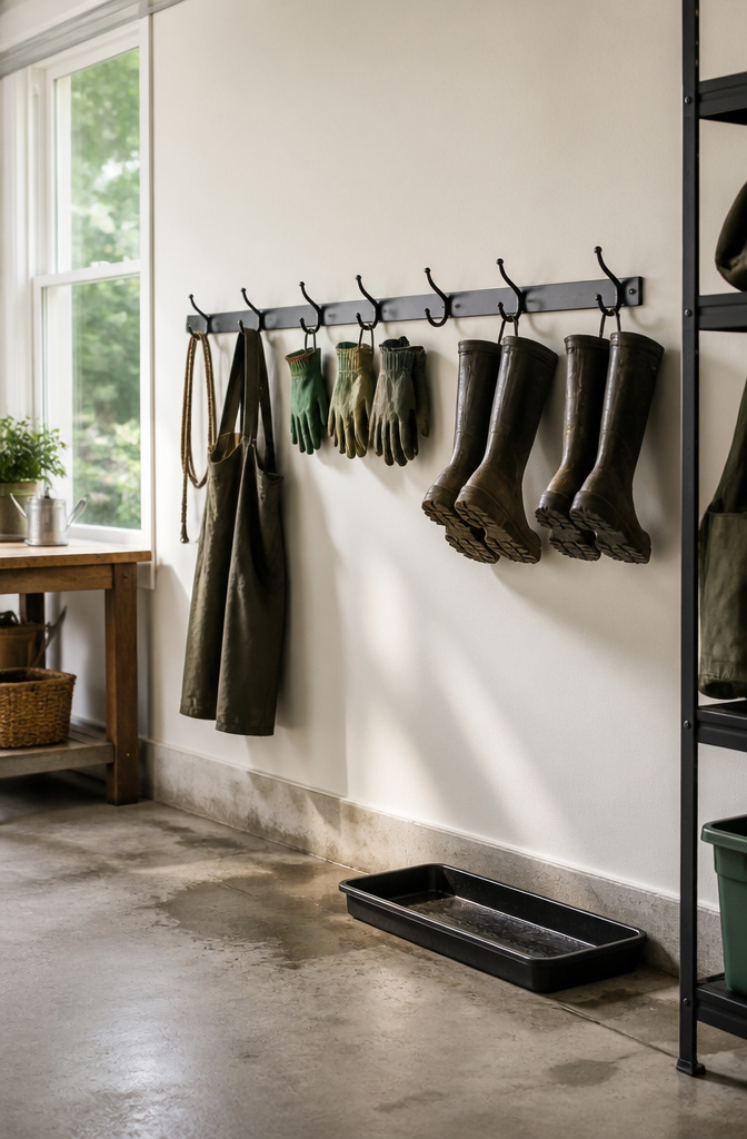 Garden gloves and work boots hanging on hooks in a garage.