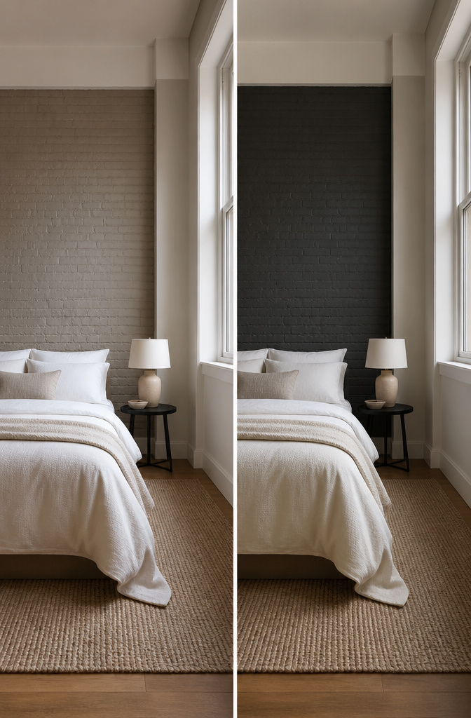 Bedroom featuring a two-tone painted brick wall.