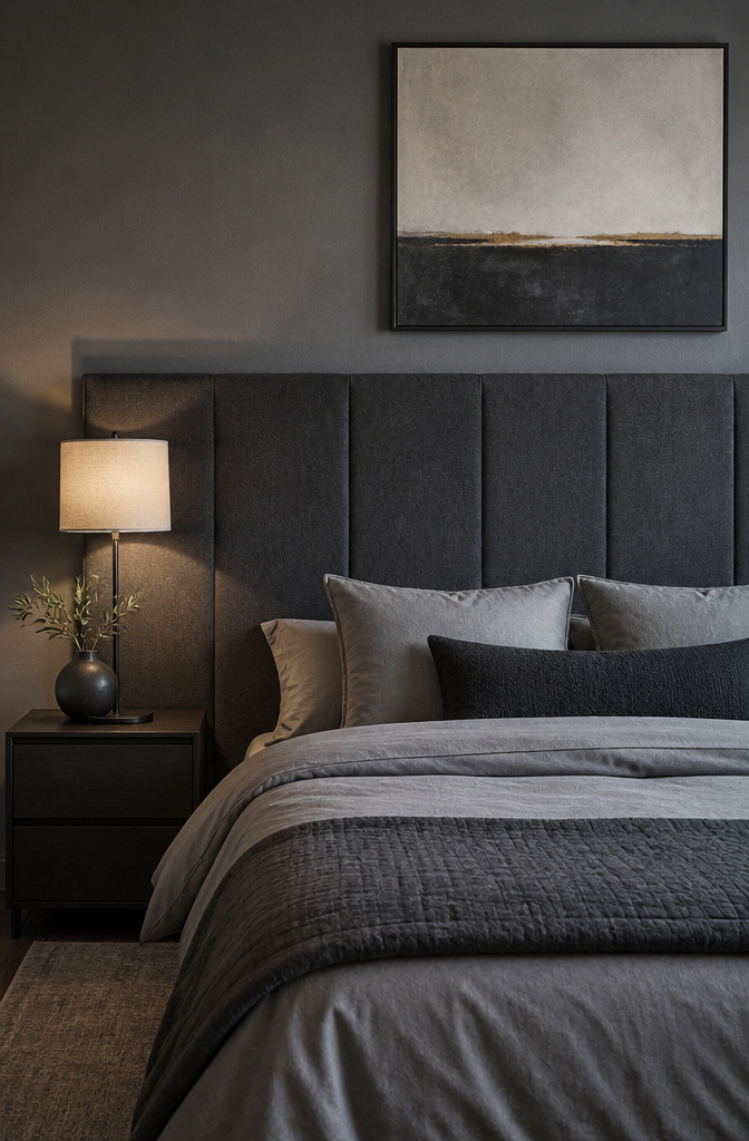 Bedroom with a full-wall upholstered headboard in charcoal linen.