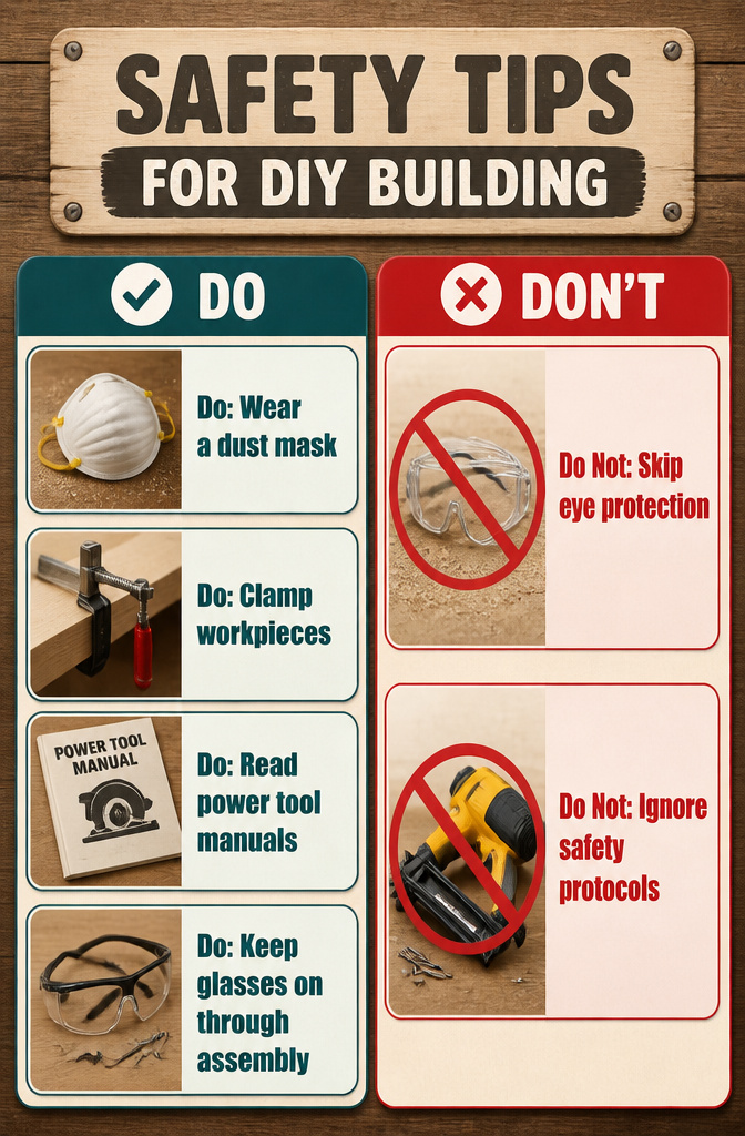 Safety equipment and tips for DIY projects displayed.