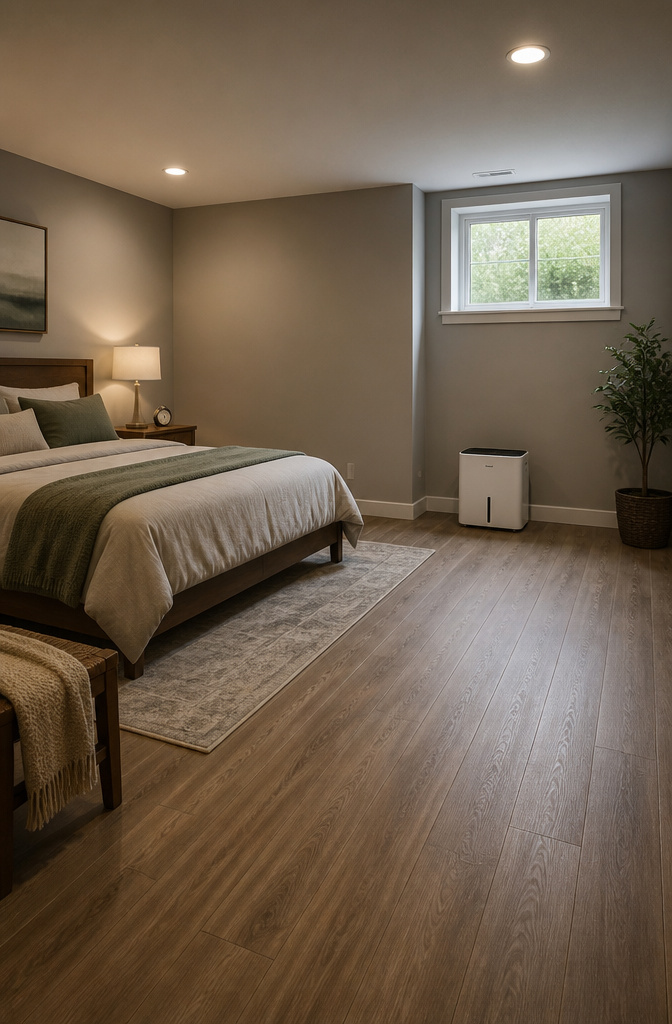 20 Basement Bedroom Ideas for 2026: Cozy, Warm, Practical 18 Basement bedroom with a dehumidifier positioned away from the bed.