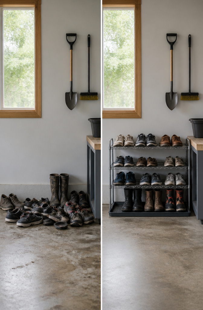 Open wire shelf holding various pairs of shoes in a garage.