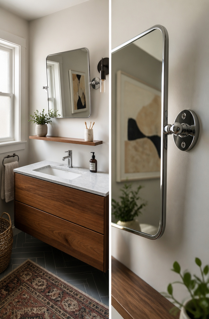 15 Bathroom Mirror Ideas for 2026 – Types, Styles & Trends 18 Hinged mirror mounted on a bathroom wall for adjustable viewing.
