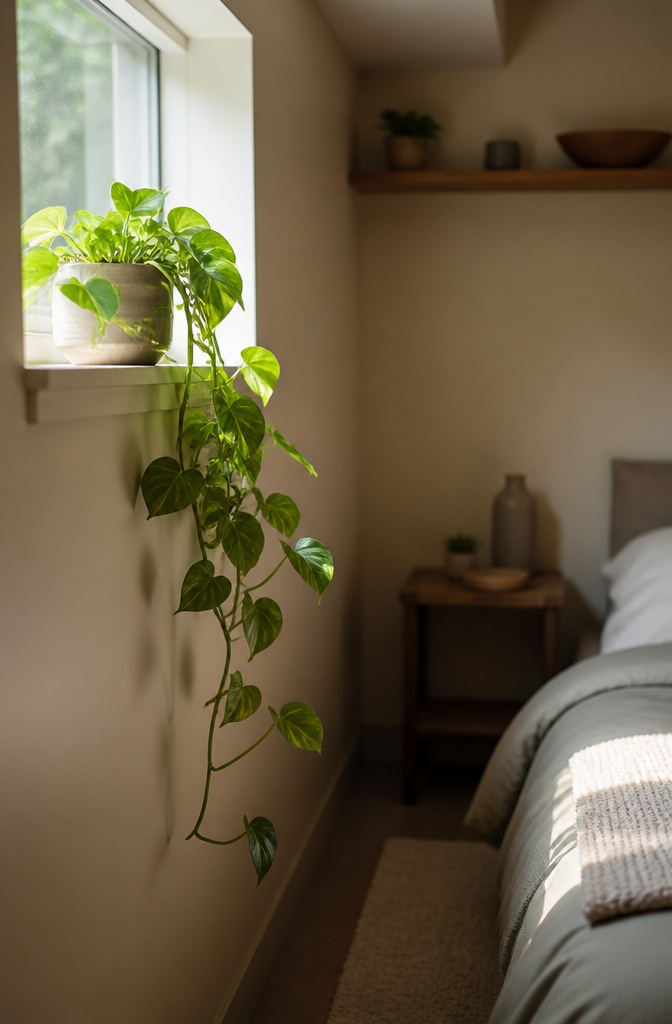 20 Basement Bedroom Ideas for 2026: Cozy, Warm, Practical 19 Basement bedroom featuring a pothos plant on a dresser.