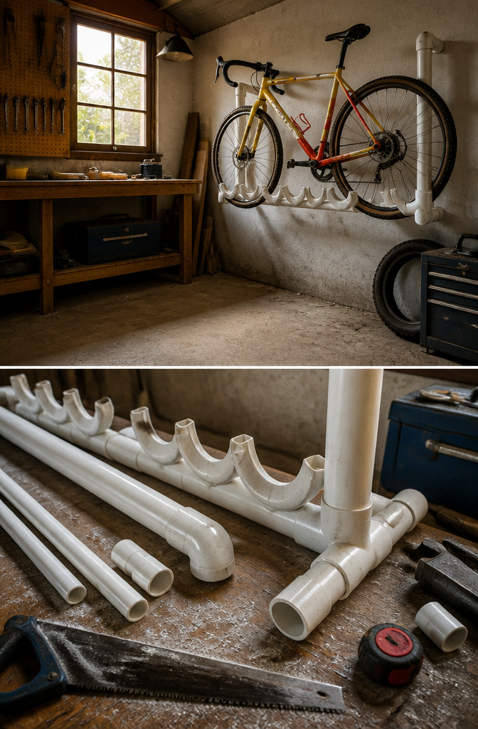 A homemade PVC bike rack mounted on a wall.