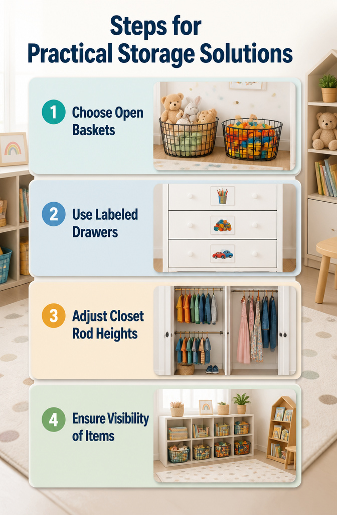 Practical storage solutions with open baskets and labeled drawers.