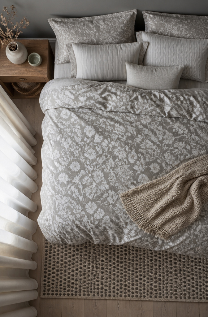 Bedroom with layered patterns in various shades of grey.
