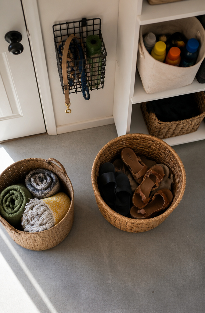 Wire basket mounted on the wall for daily-use items.