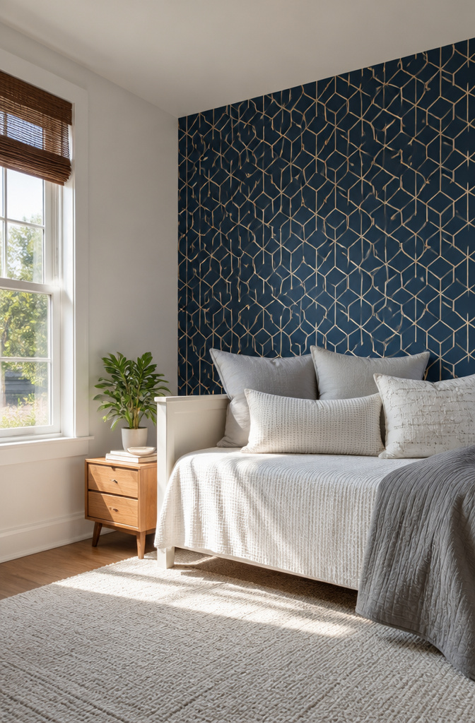 A bedroom featuring a navy accent wall and a daybed.