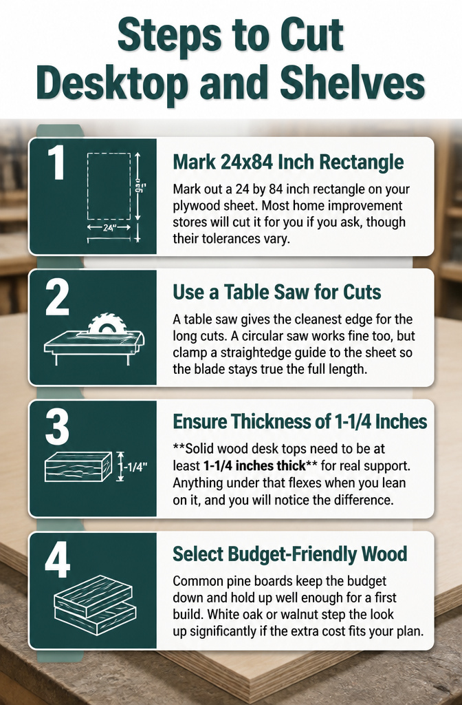 DIY Computer Desk: Build Plans and Alternative Ideas for 2026 2 A diagram illustrating how to cut desktop and shelves from plywood.