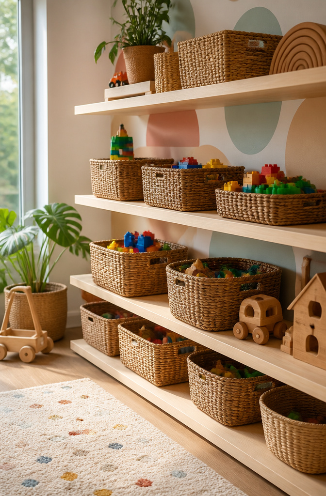 10 Toy Storage Ideas for Every Room (2026 Ideas That Work) 2 Wooden open shelving displaying various woven baskets filled with toys.