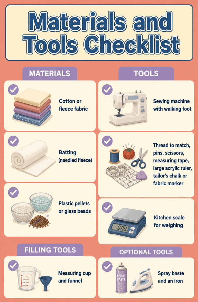 How to Make a DIY Weighted Blanket: 8 Steps for 2026 2 A checklist of materials and tools needed for creating a weighted blanket.