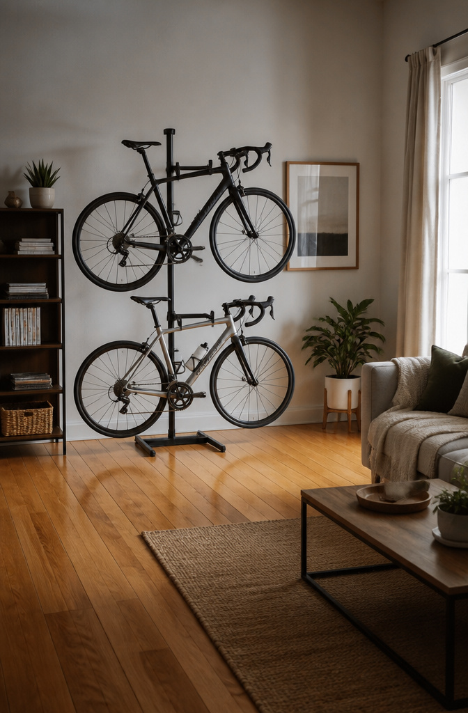 A freestanding gravity stand holding two bikes in a living room corner.
