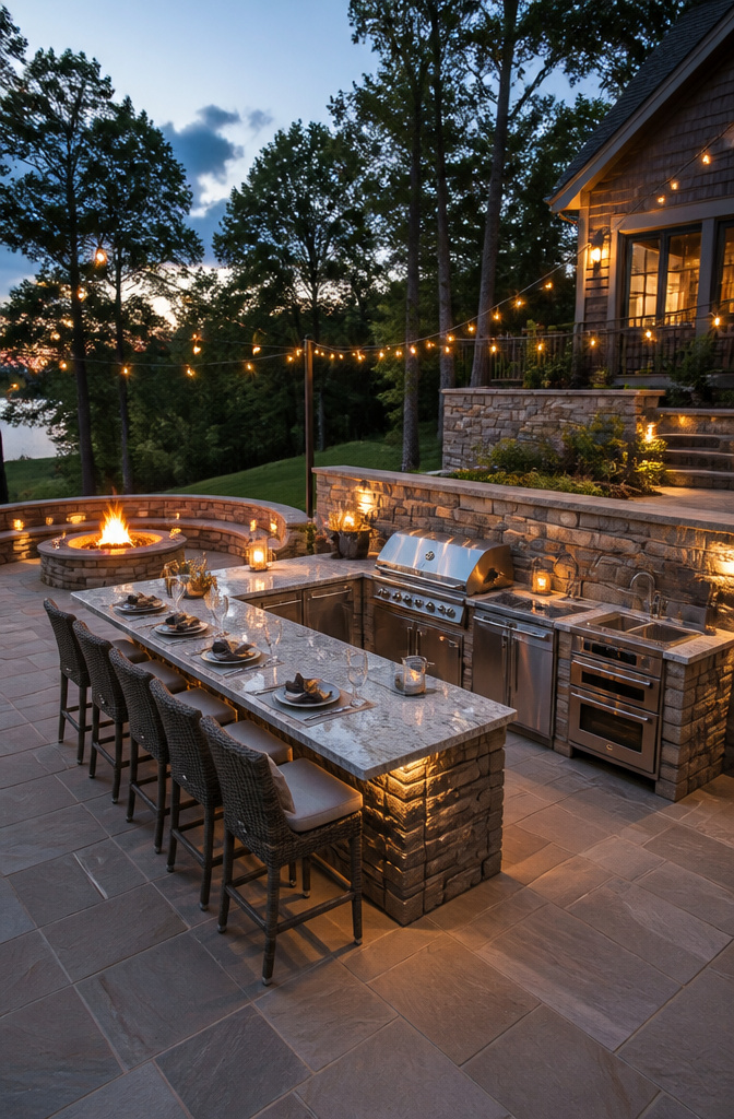 An outdoor kitchen bar equipped with a stovetop and dual sinks.