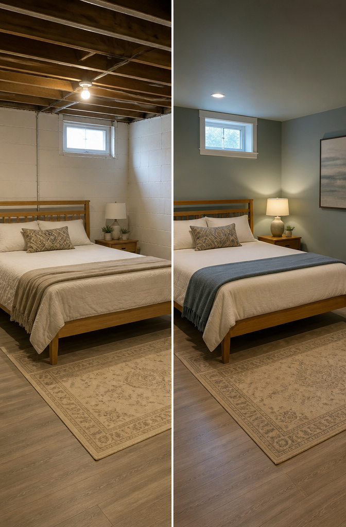 20 Basement Bedroom Ideas for 2026: Cozy, Warm, Practical 2 Basement bedroom painted in soft gray tones.