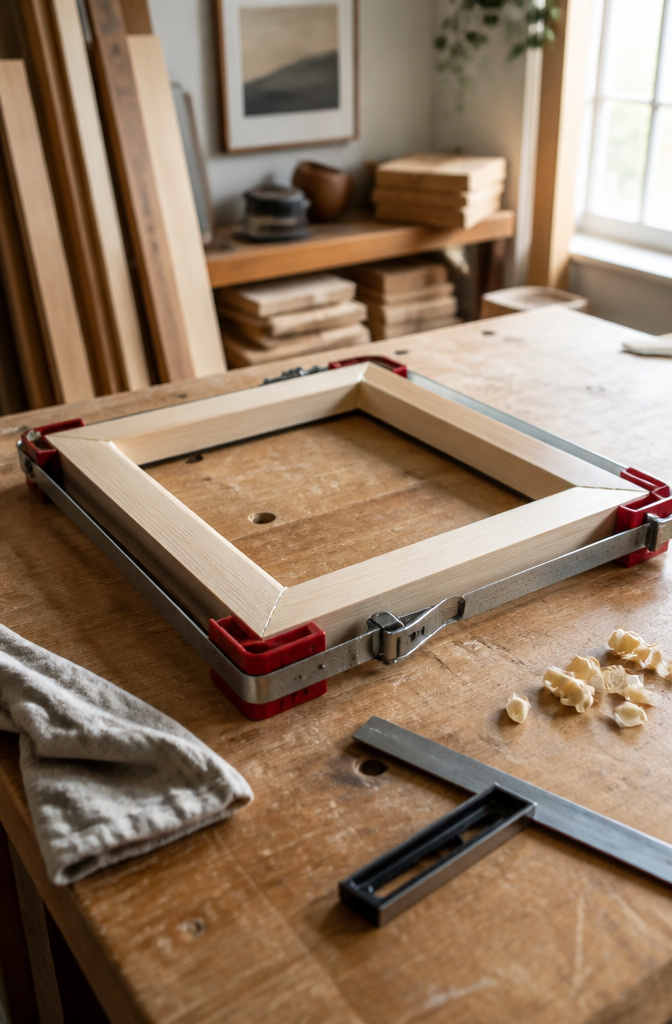DIY Picture Frame: 3 Ways to Build, Style, and Mount Your Own 2 A square picture frame being assembled with clamps and glue.