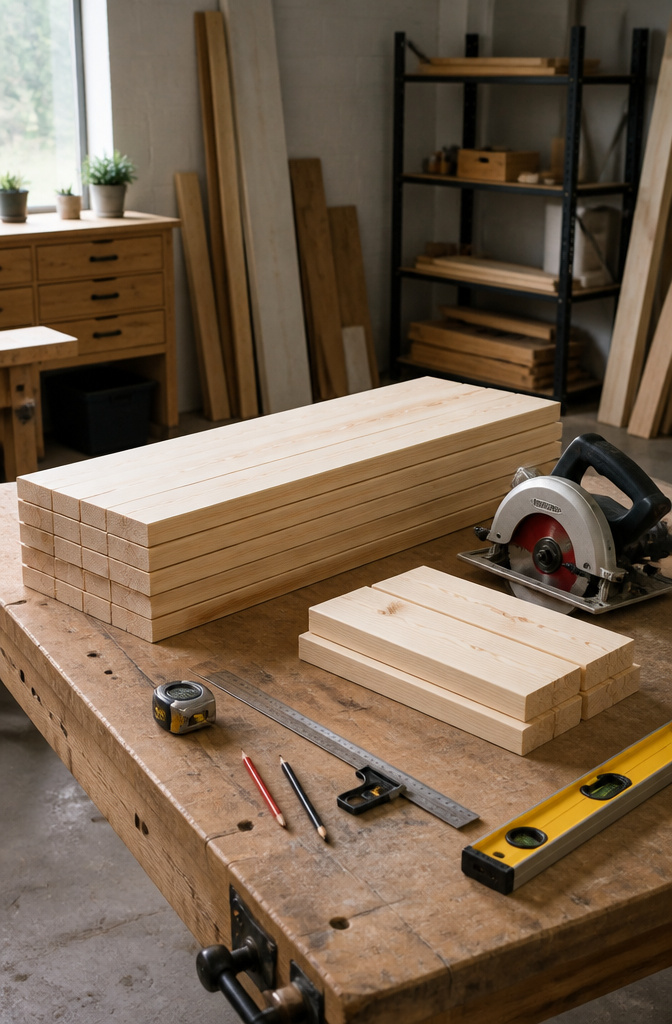Neatly stacked pine boards and a circular saw in a workshop.