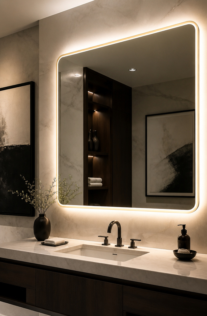7 Bathroom Lighting Ideas for Every Design Style (2026) 2 Backlit mirror panels providing illumination in a bathroom.