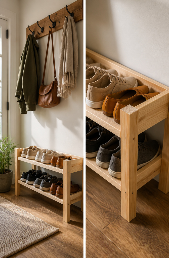 DIY Shoe Rack: 10 Plans for Wall, Tower, Bench and Closet Builds 2 A quick and easy 2-tier shoe rack made from wood.