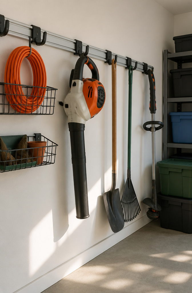 Close-up of a track system with hooks and baskets for garage storage.