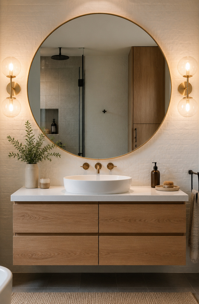 15 Bathroom Mirror Ideas for 2026 – Types, Styles & Trends 2 Large round mirror above a bathroom sink in a compact space.
