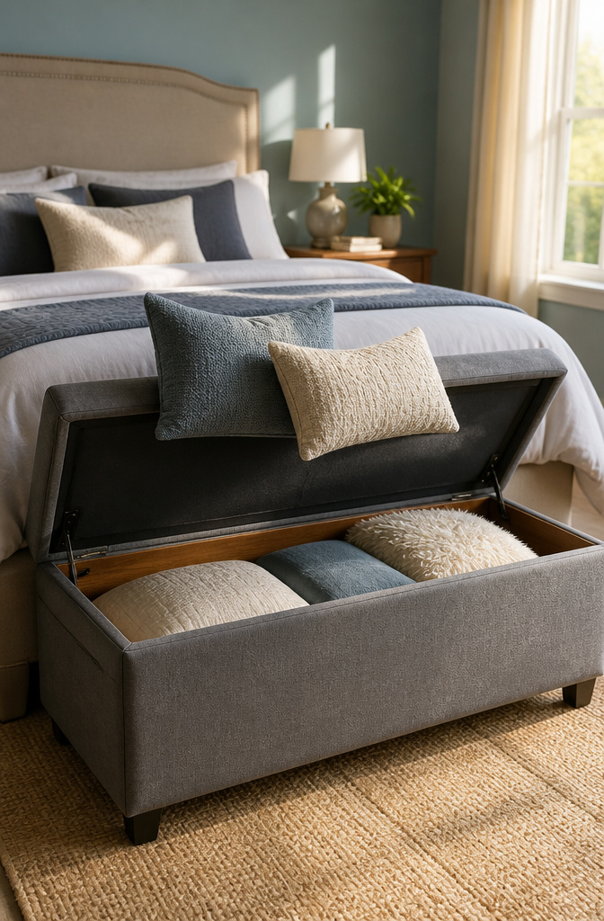 A storage bench used for pillows and blankets at the bed's foot.