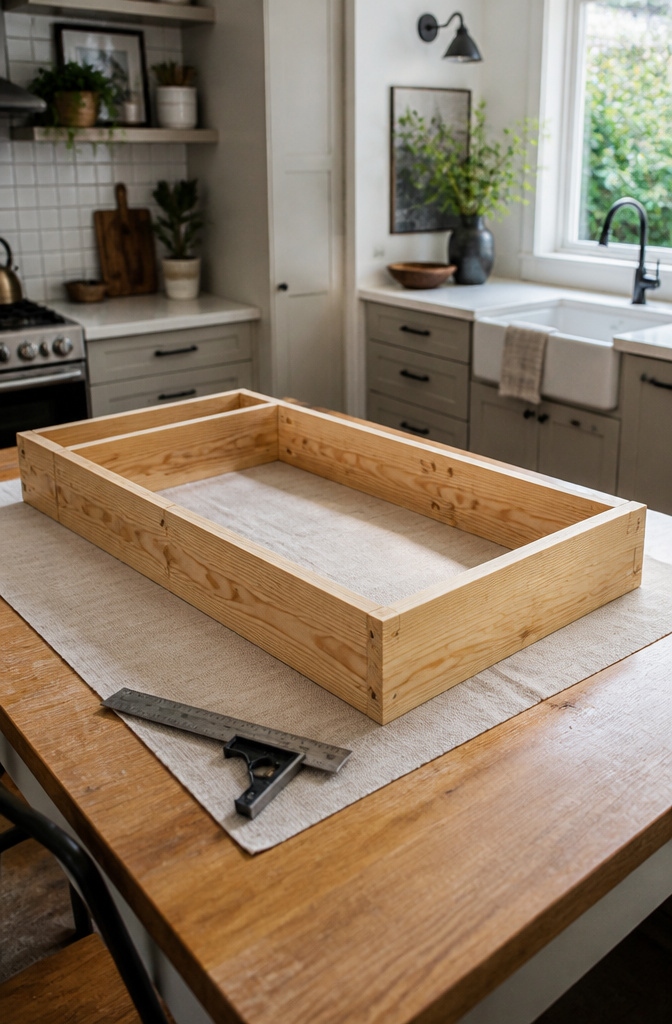 An assembled frame of a TV stand on a kitchen table.