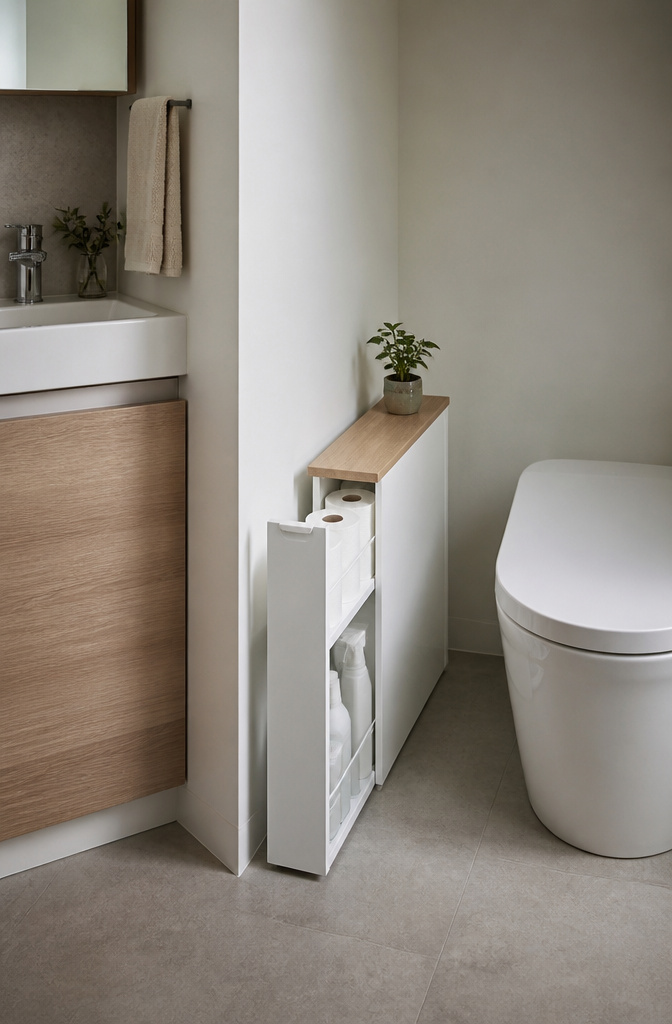 Bathroom Storage Cabinet: 7 Styles That Work in Small Spaces 2 Yamazaki pull-out cabinet with a wood top and steel frame.