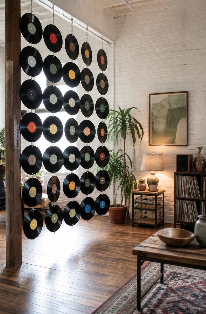 14 DIY Room Divider Ideas: Projects From Wallpaper to Wire 2 A hanging screen made from suspended vinyl LP records.