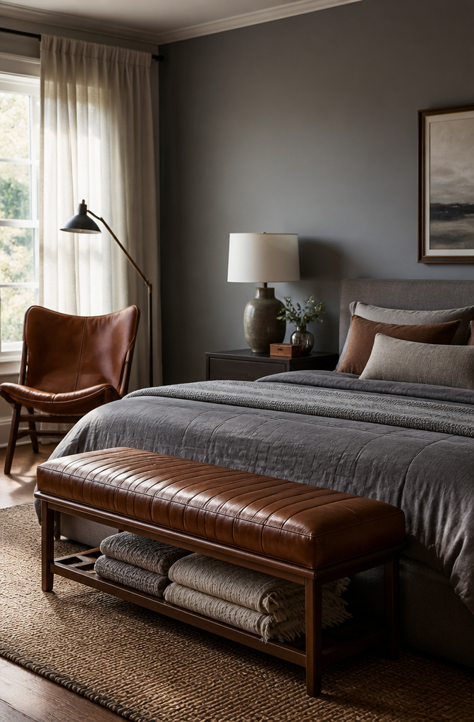 Cognac leather bench at the foot of a bed with grey walls.