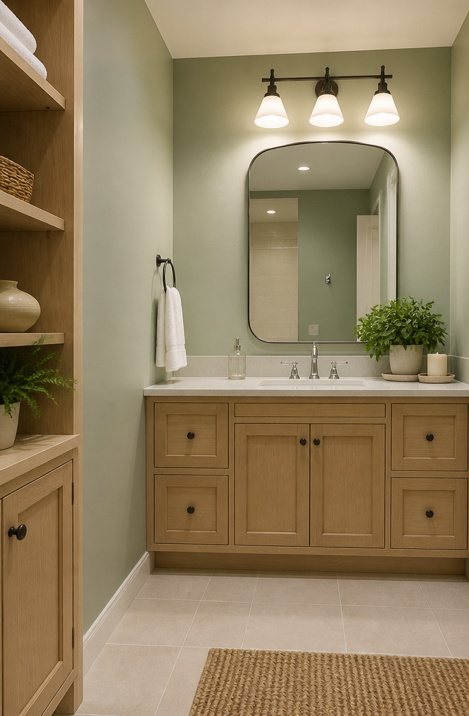 A cozy bathroom painted in Mint Condition with cream floor tiles.