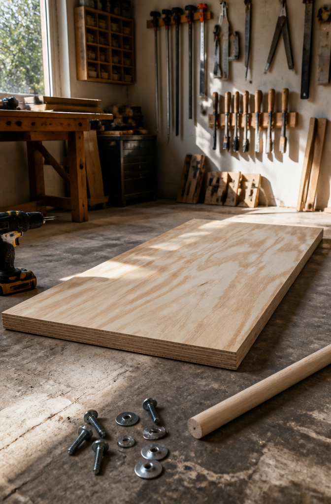 How to Build a DIY Cat Tree: 5 Plans for 2026 2 Plywood base resting on a workshop floor with tools scattered around.