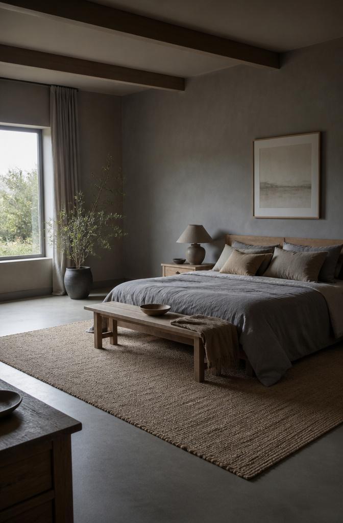 Bedroom featuring natural earthy materials in a grey color palette.