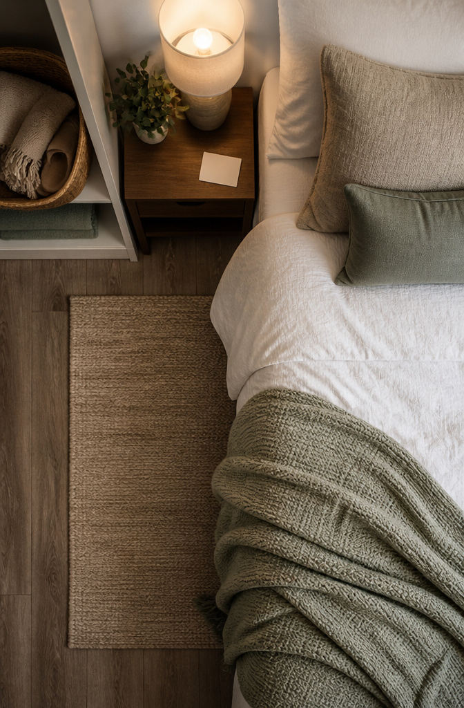 20 Basement Bedroom Ideas for 2026: Cozy, Warm, Practical 20 Cozy basement guest room with a basket of comforts on the shelf.