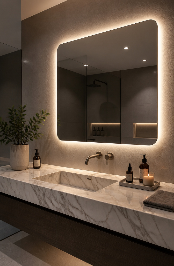 15 Bathroom Mirror Ideas for 2026 – Types, Styles & Trends 3 Backlit mirror floating above a marble sink in a contemporary bathroom.