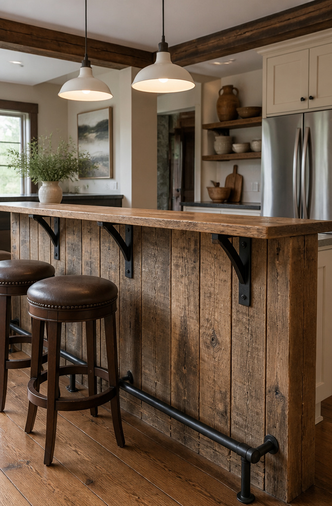 A rustic wood bar with black iron brackets and white pendant lights.