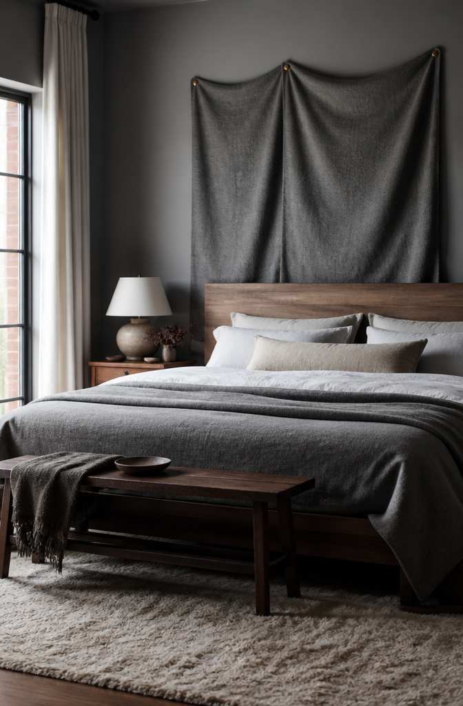 Textured wall with thick wool blankets in heathered grey.